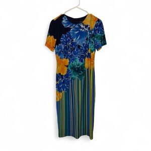 Maggy London Blue & Yellow Floral Midi Dress - Size 2
